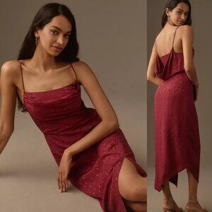 NEW By Anthropologie Sleeveless Draped-Back Asymmetrical Slip Midi Dress Red